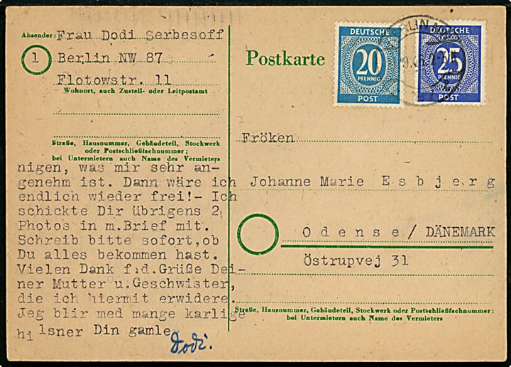 20 pfg. og 25 pfg. Ciffer på brevkort fra Berlin NW d. 21.9.1946 til Odense, Danmark.