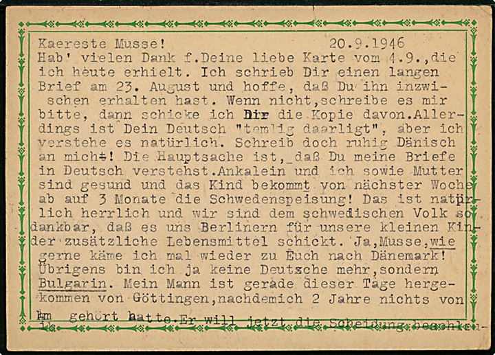 20 pfg. og 25 pfg. Ciffer på brevkort fra Berlin NW d. 21.9.1946 til Odense, Danmark.