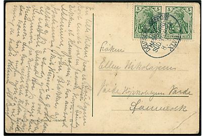 5 pfg. Germania i parstykke på brevkort (Mont Orgueil Castle, Dover, England) annulleret med tysk skibsstempel Deutsche Seepost Linie Hamburg - Südamerika XLVII d. 8.5.1910 til Varde, Danmark.