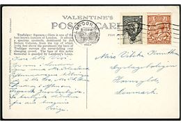 1½d George V og White Star Line Cruises reklamemærke i sammentrykt parstykke på brevkort fra London d. 25.4.1934 til Hornsyld, Danmark.