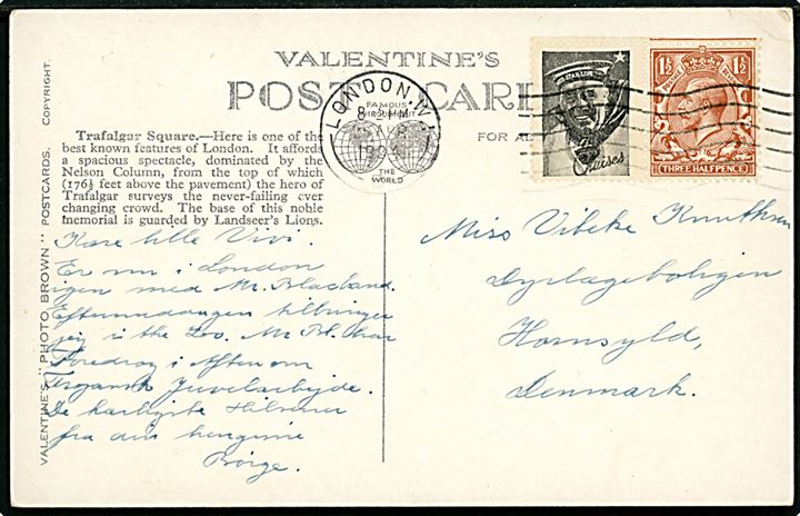 1½d George V og White Star Line Cruises reklamemærke i sammentrykt parstykke på brevkort fra London d. 25.4.1934 til Hornsyld, Danmark.