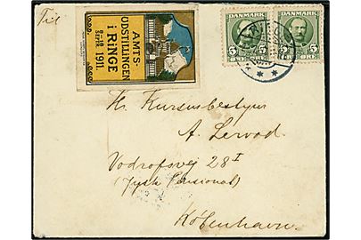 5 øre Fr. VIII (2) og stort Amts-Udstillingen i Ringe 1911 mærkat på brev fra Ringe d. 29.7.1911 til København.