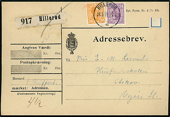 15 øre og 35 øre Chr. X og Syltetøjs-mærke som gebyr på adressebrev for kuffert fra Hillerød d. 26.5.1919 til Husflidsskolen i Askov pr. Vejen.