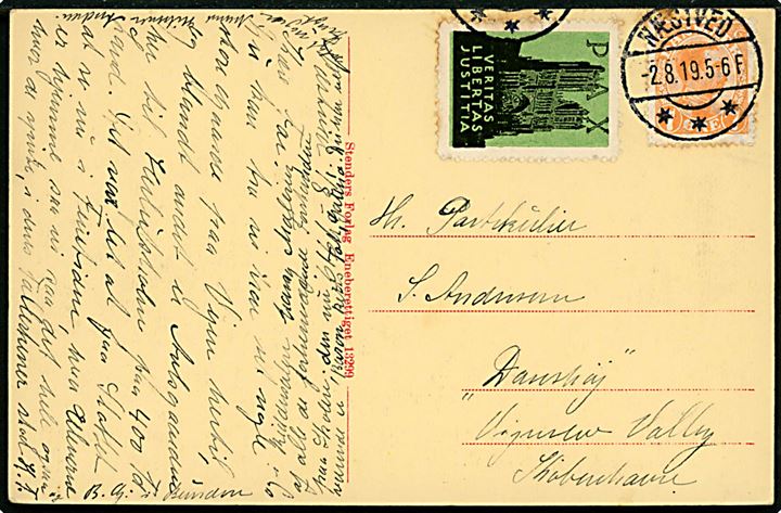 7 øre Chr. X og grønt Verdensfredsmærke på brevkort fra Næstved d. 2.8.1919 til København.