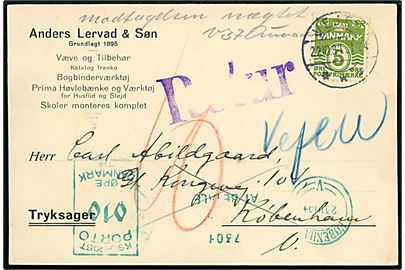 5 øre Bølgelinie på underfrankeret brevkort fra Vejen d. 22.10.1934 til København. Udtakseret i porto med 10 øre grønt portomaskinstempel København V. d. 23.10.1934. Retur med påskrift modtagelsen nægtet.