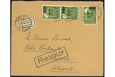 20+5/15+5 øre Frihedsfonden provisorium (3) på brev fra Vejen d. 5.7.1956 til poste restante i Zürich, Schweiz. Retur som ikke afhentet med 3-sproget returetiket.