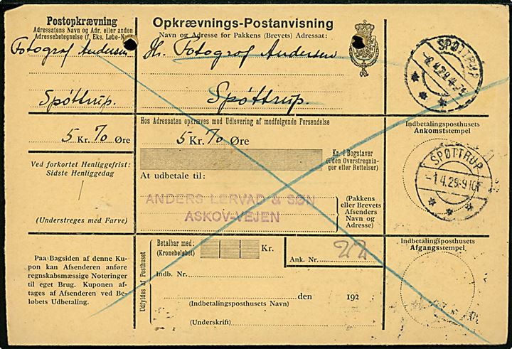 15 øre (2) og 40 øre Karavel på postopkrævnings-adressekort for pakke fra brevsamlingsstedet Askov annulleret Vejen d. 30.3.1929 til Spøttrup. Retur med 25 øre Portomærke som returporto annulleret Vejen d. 9.4.1929.
