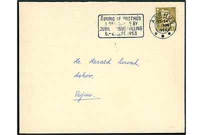 45 øre Fr. IX på brev annulleret med TMS Åbning af posthuset i den gamle by Jubilæumsudstilling 5.-6. Sept. 1953 / Aarhus *** d. 17.8.1953 til Askov pr. Vejen.