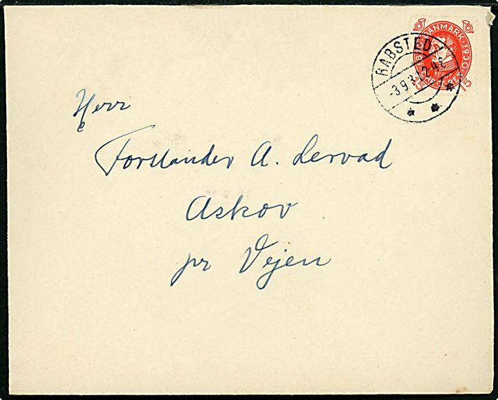 15 øre Chr. X 60 år på brev annulleret med brotype IIb Rabsted d. 3.9.1931 til Askov pr. Vejen,