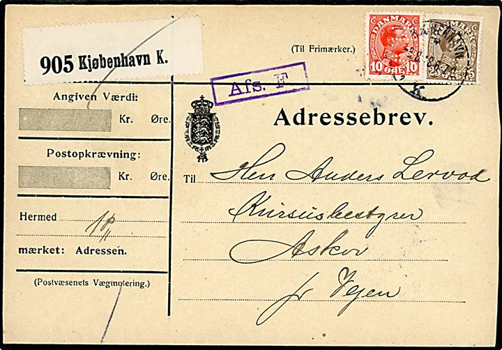 10 øre og 25 øre Chr. X med perfin H.W. på adressebrev for pakke fra firma Henningsen & Wolf-Jürgensen i Kjøbenhavn d. 5.8.1918 til Askov pr. Vejen. Violet rammestempel Afs. F. (= Afsenders Frankering).