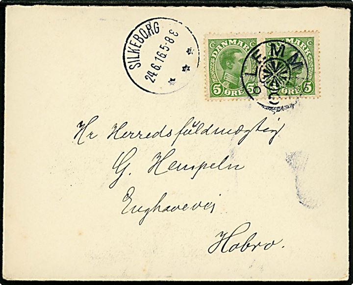 5 øre Chr. X i parstykke på brev annulleret med stjernestempel LEMMING og sidestemplet Silkeborg d. 24.6.1916 til Hobro.