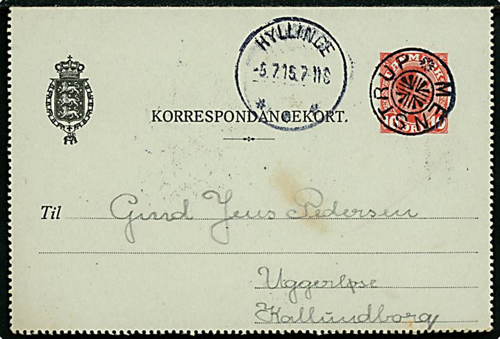 10 øre Chr. X helsags korrespondancekort annulleret med stjernestempel MENSTRUP og sidestemplet brotype IIIb Hyllinge d. 5.7.1915 til Uggerløse pr. Kalundborg.