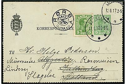 5 øre Chr. X helsagskorrespondancekort opfrankeret med 5 øre Chr. X annulleret brotype IIIb Østermarie d. 11.6.1917 til Uggerløse pr. Kalundborg - omadresseret til Slagelse med stjernestempel RØRBY og sidestemplet Kallundborg d. 13.6.1917.