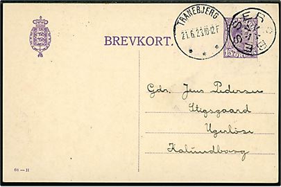 15 øre Chr. X helsagsbrevkort (fabr. 60-H) annulleret med stjernestempel BESSER og sidestemplet brotype IIIb Tranebjerg d. 21.6.1923 til Ugerløse pr. Kalundborg.