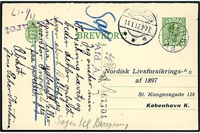 5 øre Chr. X helsagsbrevkort annulleret med stjernestempel JERSLEV og sidestemplet Brønderslev d. 11.1.1917 til København.