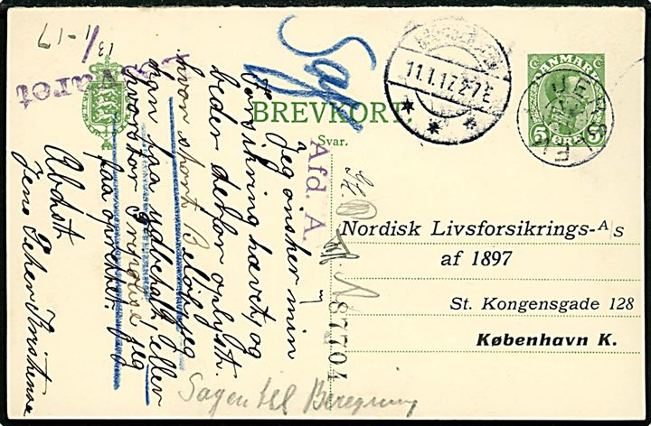 5 øre Chr. X helsagsbrevkort annulleret med stjernestempel JERSLEV og sidestemplet Brønderslev d. 11.1.1917 til København.