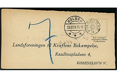 Ufrankeret svarbrevkort med stjernestempel KVANDLØSE og sidestemplet Holbæk d. 20.11.1928 til Landsforeningen til Kræftens Bekæmpelse i København. Udtakseret i 7 øre enkeltporto.