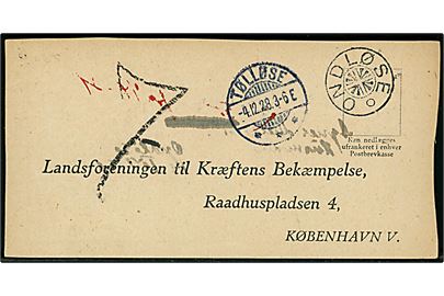 Ufrankeret svarbrevkort med stjernestempel ONDLØSE og sidestemplet Tølløse d. 4.12.1928 til Landsforeningen til Kræftens Bekæmpelse i København. Udtakseret i 7 øre enkeltporto.