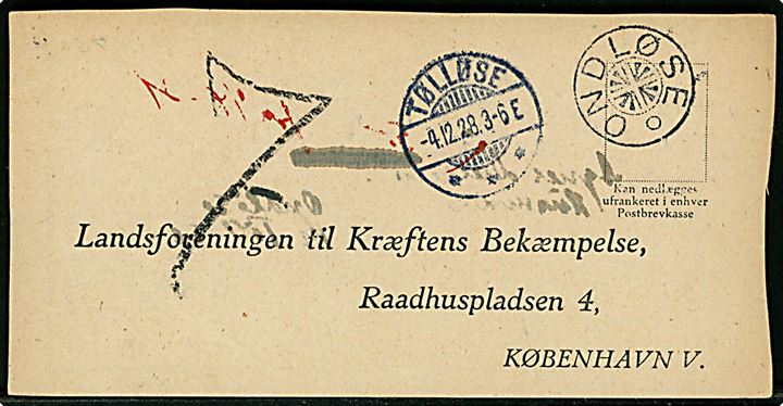 Ufrankeret svarbrevkort med stjernestempel ONDLØSE og sidestemplet Tølløse d. 4.12.1928 til Landsforeningen til Kræftens Bekæmpelse i København. Udtakseret i 7 øre enkeltporto.