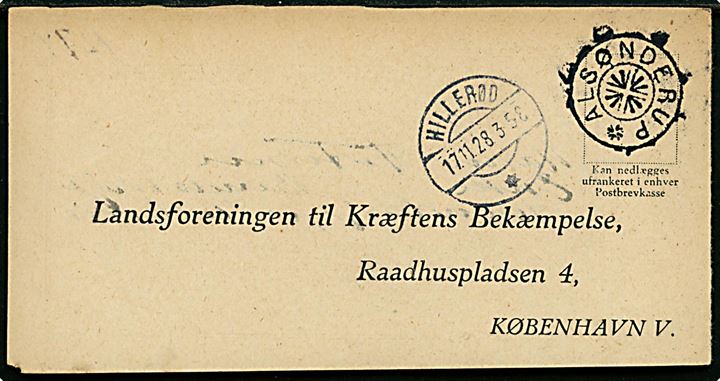 Ufrankeret svarbrevkort med stjernestempel ALSØNDERUP og sidestemplet Hillerød d. 17.11.1928 til Landsforeningen til Kræftens Bekæmpelse i København.