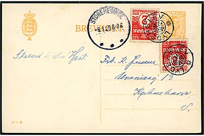 7 øre Chr. X helsagsbrevkort (fabr. 52-M) opfrankeret med 2 øre Bølgelinie (2) annulleret med stjernestempel LYDERSLEV og sidestemplet Store Heddinge d. 6.1.1920 til København.