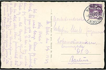 10 øre Bølgelinie på brevkort (Oddesundbroen) fra Nørre Nebel annulleret med bureaustempel Varde - N. Nebel - Tarm T.10 d. 6.7.1939 til DSB Lokomotivremise i Aarhus. 