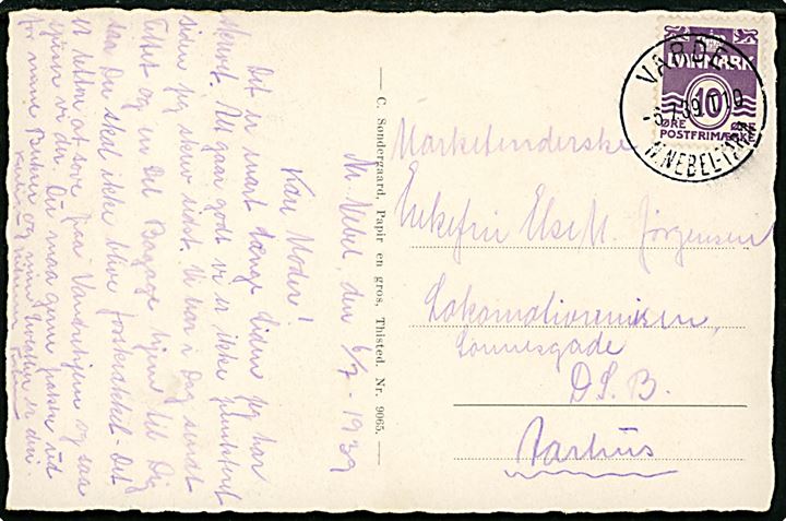 10 øre Bølgelinie på brevkort (Oddesundbroen) fra Nørre Nebel annulleret med bureaustempel Varde - N. Nebel - Tarm T.10 d. 6.7.1939 til DSB Lokomotivremise i Aarhus. 