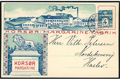 4 øre Bølgelinie med perfin T.R.S. (= T. Rasmussen & Sønner) på illustreret tryksags-kort fra Korsør Margarine Fabrik stemplet Korsør d. 14.2.1910 til Haslev.