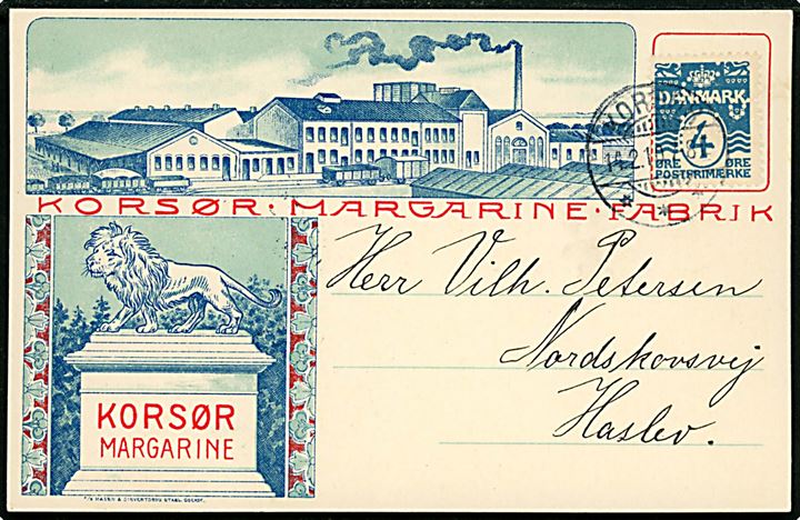 4 øre Bølgelinie med perfin T.R.S. (= T. Rasmussen & Sønner) på illustreret tryksags-kort fra Korsør Margarine Fabrik stemplet Korsør d. 14.2.1910 til Haslev.