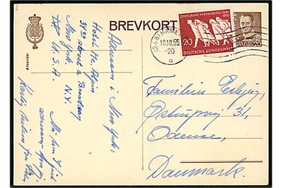 20 øre Fr. IX helsagsbrevkort (fabr. 186) opfrankeret med tysk 20 pfg. 10 år for Tvangsflytning annulleret Hamburg d. 10.10.1955 til Odense, Danmark.