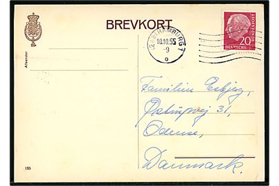 Dansk 20 øre Fr. IX helsagsbrevkort (fabr. 185) frankeret med tysk 20 pfg. og sendt fra Hamburg d. 10.10.1955 til Odense, Danmark.