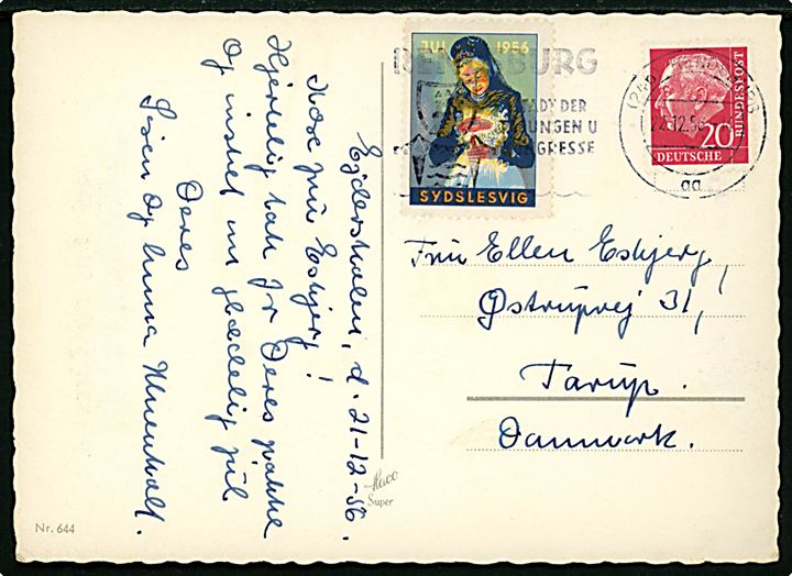 Tysk 20 pfg. Heuss og Sydslesvig Julemærke 1956 på julekort fra Rendsburg d. 22.12.1956 til Tarup, Danmark.