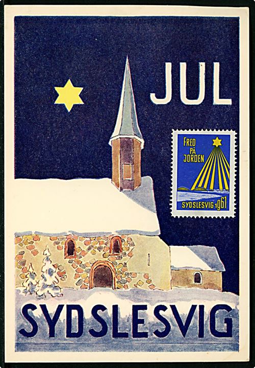 Tysk 20 pfg. på Sydslesvig Julemærke maxikort 1955 påsat julemærke 1961 fra Schuby über Schleswig d. 21.12.1961 til Tarup pr. Odense, Danmark.