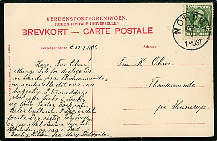 5 øre Chr. IX på brevkort (Fanø klitparti) annulleret med lapidar Nordby d. 23.7.1906 til Hinnerup.