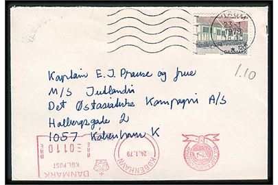 120 øre Landsdels udg. på brev fra Virum d. 23.1.1979 til Kaptajn ombord på M/S Jutlandia via rederiet ØK i København. Rederiopfrankeret med 110 øre firmafranko d. 24.1.1979.