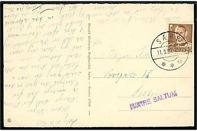 20 øre Fr. IX på brevkort fra Sæby d. 11.9.1957 til Saltum - påført liniestempel NØRRE SALTUM.