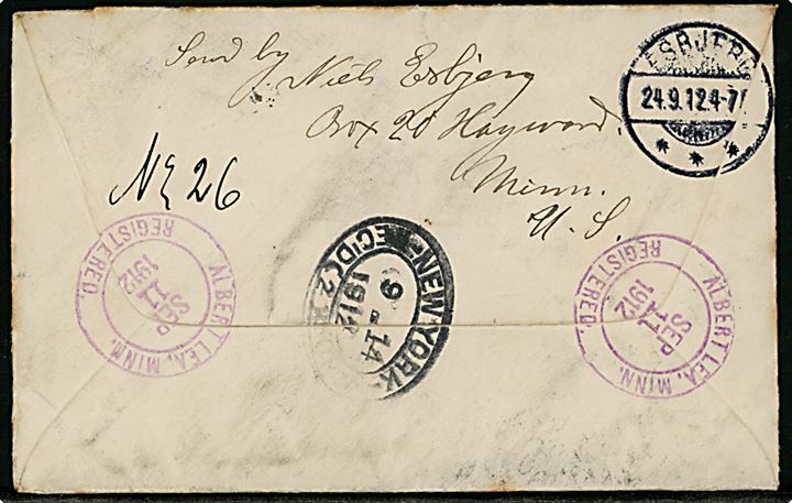 1 cent Franklin (2), 1 cent (3) og 5 cents (2) Washington på 15 cents frankeret anbefalet brev med modtagelsesattest fra Albert Lea, Minnesota d. 11.9.1912 via New York til Esbjerg, Danmark.