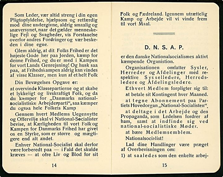 D.N.S.A.P. (Danmarks National Socialistiske Arbejder Parti). Medlemsbog. 16 sider. Ubrugt.