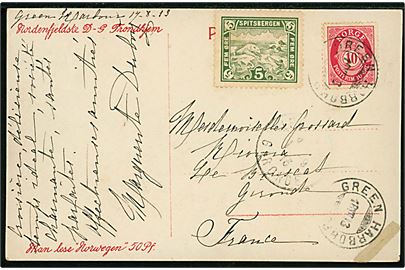 10 øre Posthorn og 5 øre Spitsbergen lokalmærke på Nordenfjeldske D/S reklamekort (Dampskibe i Advent Bay) annulleret Green Harbour d. 18.8.1913 til Gironde, Frankrig.