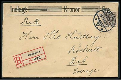 25 øre Chr. X single på anbefalet brev fra Kjøbenhavn d. 20.12.1914 til Diö, Sverige.