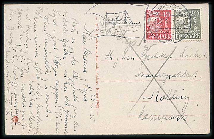 15 øre og 20 øre Karavel på brevkort (Dampfærgen Danmark) sendt som søndagsbrevkort med skibsstempel Dansk Søpost Warnemünde-Gjedser d. 30.6.1935 F.132 til Kolding.