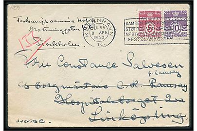 5 øre og 10 øre Bølgelinie på brev fra København d. 8.4.1940 til Linköping, Sverige - eftersendt til Stockholm. Sendt dagen inden Danmarks besættelse.