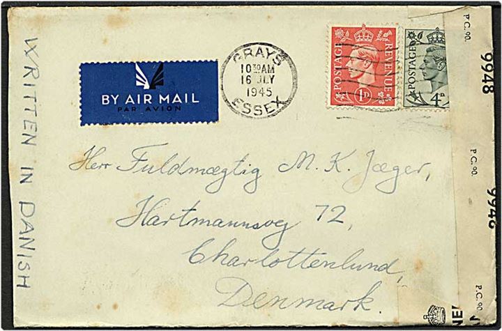 5 pence på brev fra Grays, England, d. 16.7.1945 til Charlottenlund. Engelsk efterkrigs censur.