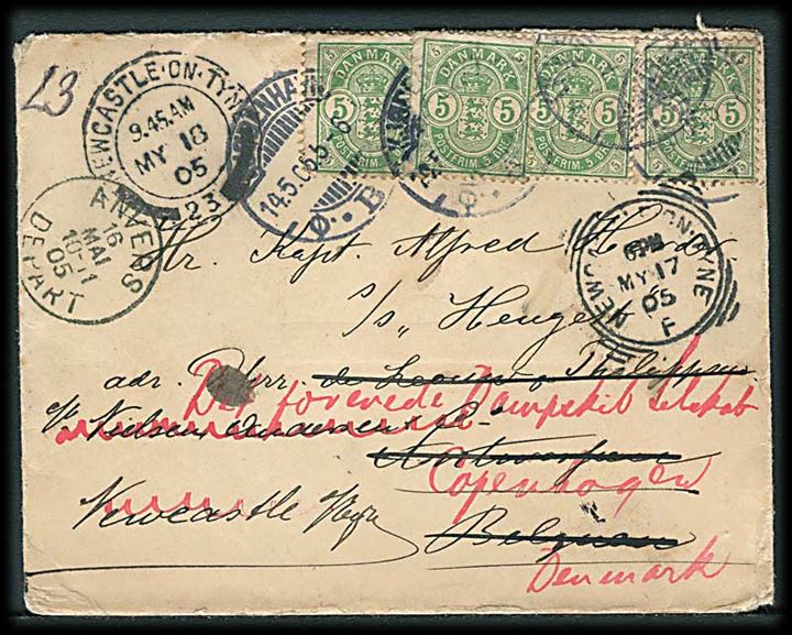 5 øre Våben (4) på brev fra Kjøbenhavn d. 14.5.1905 til Kapt. ombord på S/S Hengest, Antwerpen, Belgien - eftersendt til Newcastle og København.