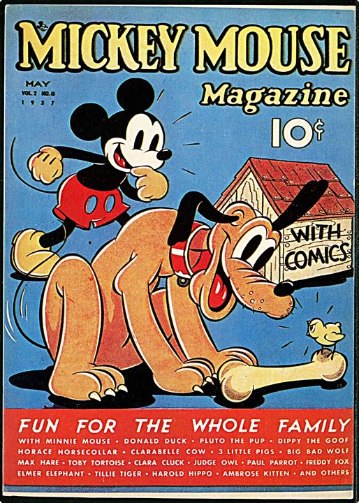 Walt Disney. Fransk postkort med forside af Mickey Mouse bladet, Maj 1937. Moderne kort.