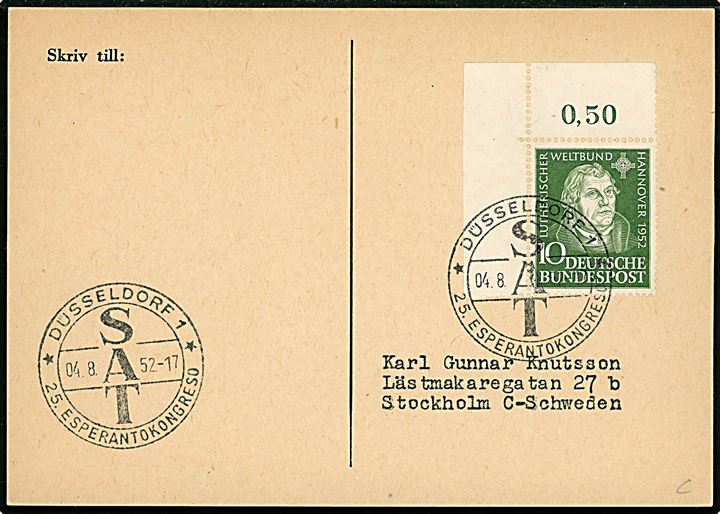 Norrhage: Tegnet kort fra Vecko-Revyn Kontakt med Världen. Anvendt på 25. Esperantokongressen i Düsseldorf 1952. 