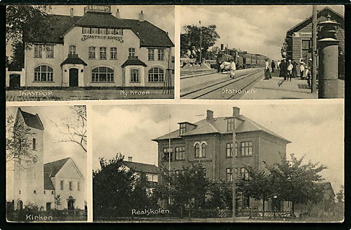 Taastrup med Jernbanestationen, Kroen, Kirken og Realskolen. A. Nielsen - H. Schmidt no. 27095.