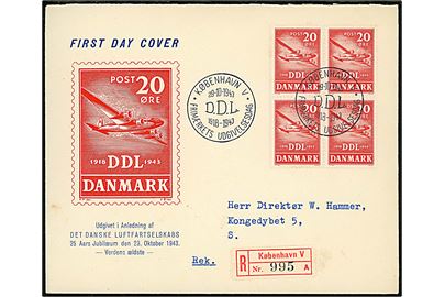 20 øre DDL i fireblok på illustreret anbefalet FDC fra København d. 29.10.1943.