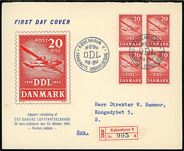 20 øre DDL i fireblok på illustreret anbefalet FDC fra København d. 29.10.1943.