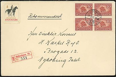 20 øre Vitus Bering i fireblok på anbefalet brev fra København 10 d. 12.1.1942 til direktør og tysk konsul Johan Henrik Kæstel, Ridder af Dannebrog, Nykøbing Fl. 